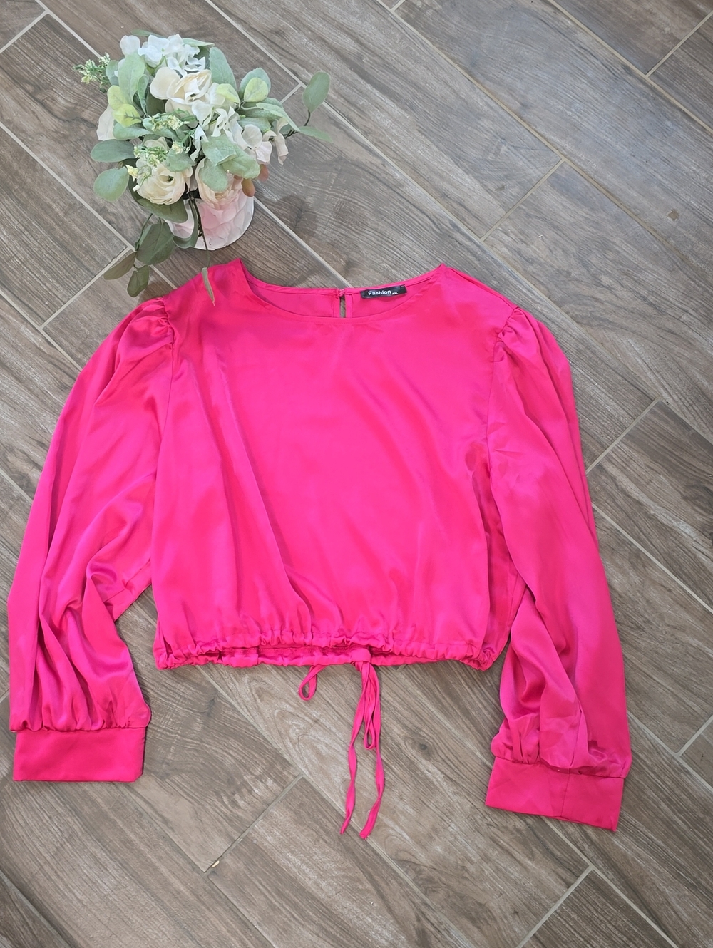 Bright Pink Long-Sleeve Drawstring Crop Blouse